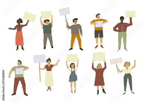 People with picket signs. The strikers held placards. Malcontented men and women