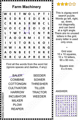 Farm machinery themed zigzag word search puzzle (suitable both for kids and adults). Answer included.