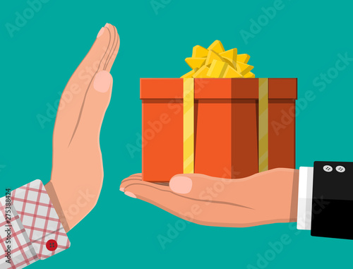 Hand giving gift box to other hand. Hidden wages, salaries black payments, tax evasion, bribe. Anti corruption concept. Vector illustration in flat style