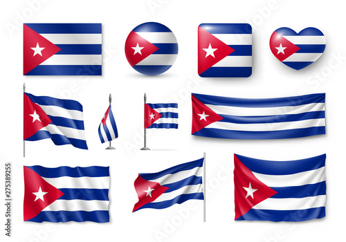 Various flags of Cuba independent country. Realistic waving national flag on pole, table flag and different shapes badges set. Patriotic cuban 3d rendering symbols isolated vector illustration.