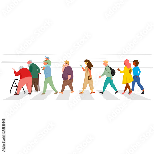 a group of people crossing the street at a pedestrian crossing. the queue of people