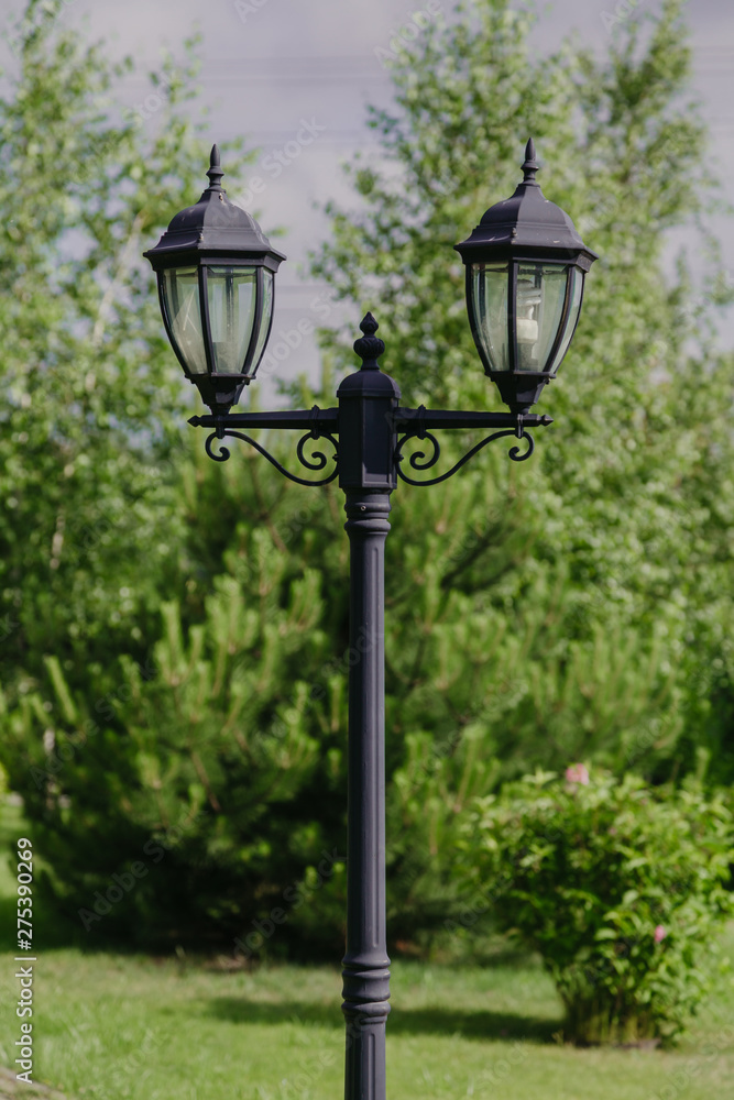Vintage street lamp on background of green trees