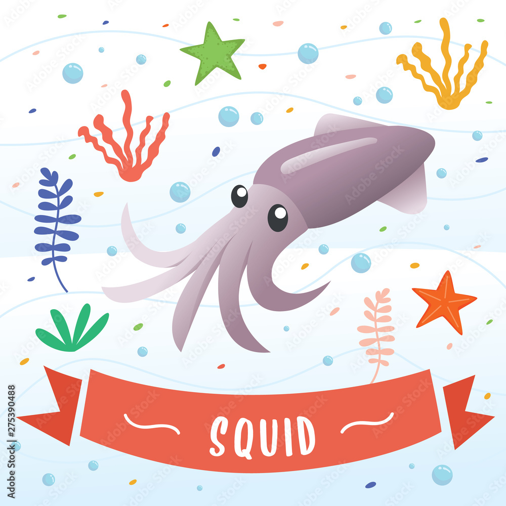 Squid animal cartoon character. Cute octopus cartoon, Vector