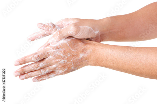 Cleaning Hands. Washing hands. ISOLATED ON WHITE BACKGROUND. © aekkorn