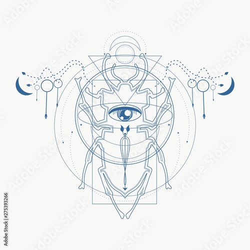 Mystical geometry symbol. Linear alchemy, occult, philosophical sign. Underbreast sacramental tattoo design. Astrology and religion concept. Beetle icon.