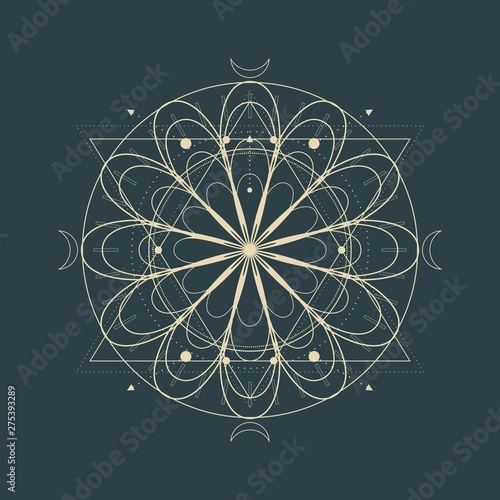 Mystical geometry symbol. Linear alchemy, occult, philosophical sign. For music album cover, poster, sacramental design. Astrology and religion concept.