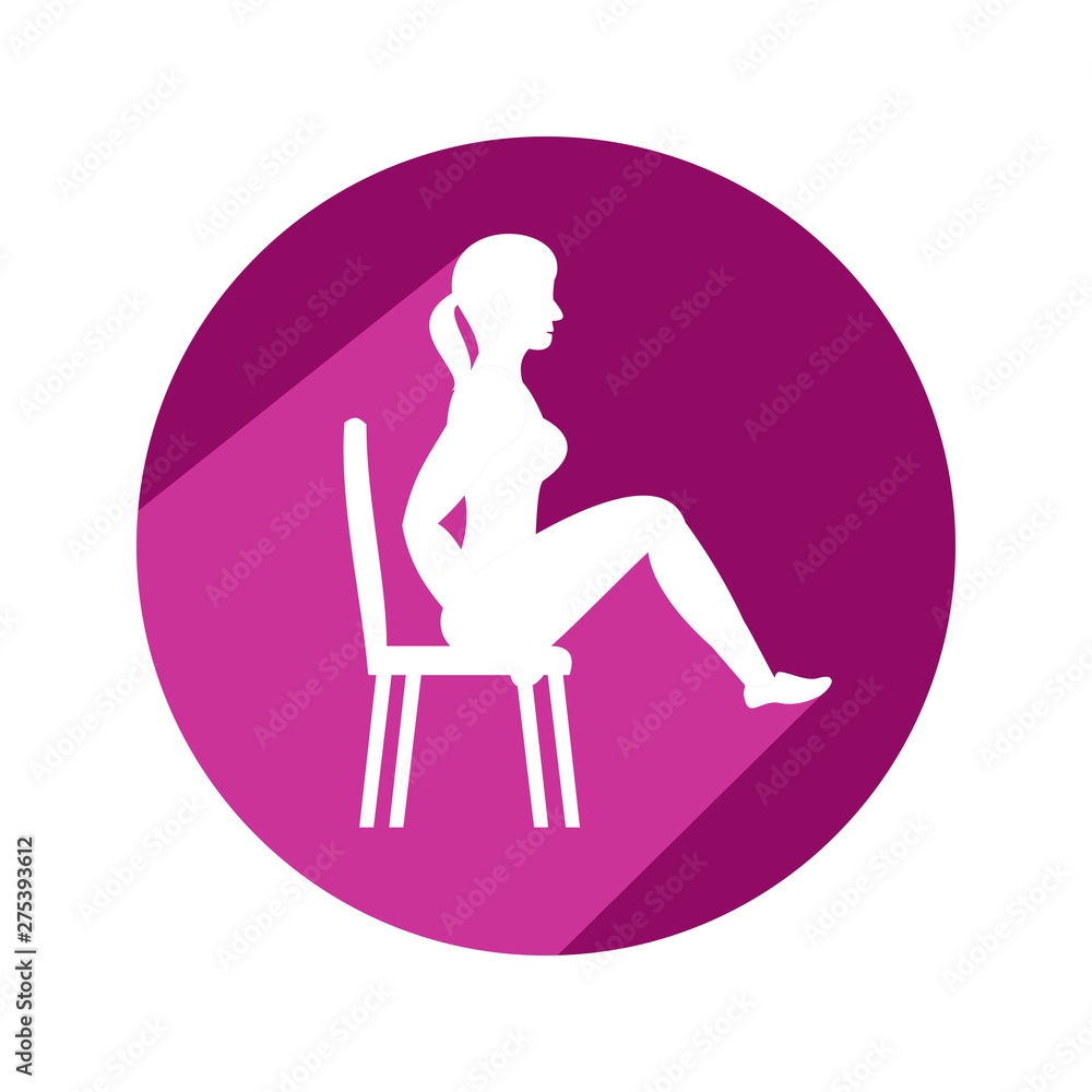Young woman doing exercises with chair. Circle icon with long shadow and flat vector symbol. Young woman doing exercises with chair. Circle icon with long shadow and flat vector symbol.