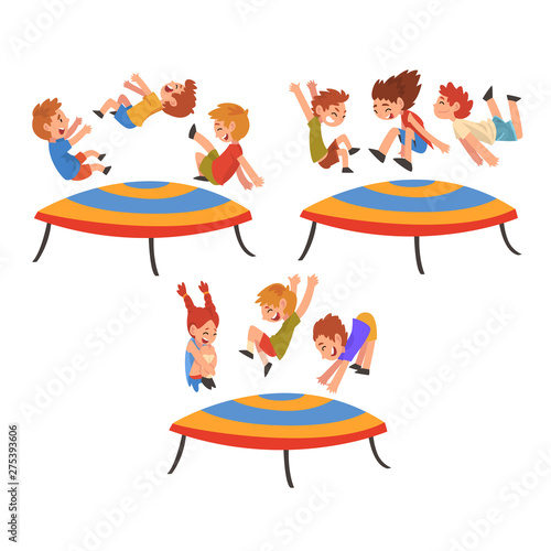 Happy Kids Jumping on Trampoline Set, Smiling Little Boys and Girls Bouncing and Having Fun Cartoon Vector Illustration