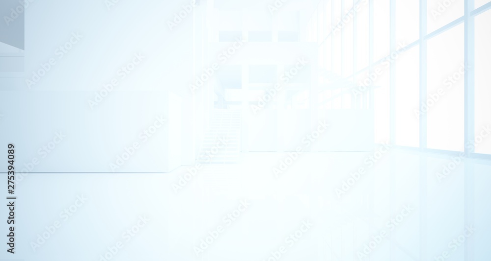 Abstract architectural white interior of a minimalist house with large windows. 3D illustration and rendering. Abstract architectural white interior of a minimalist house with large windows. 3D illustration and rendering.