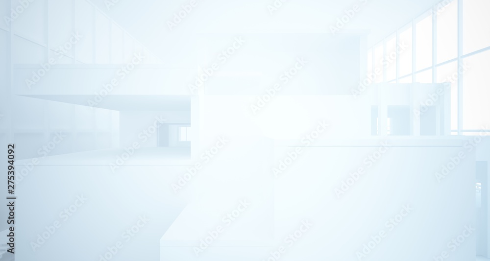Obraz premium Abstract architectural white interior of a minimalist house with large windows. 3D illustration and rendering.