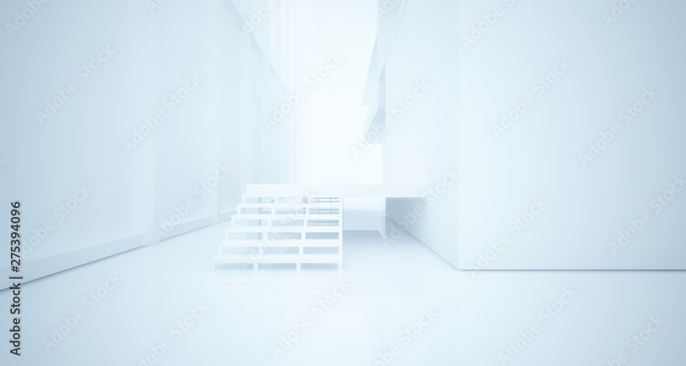Obraz premium Abstract architectural white interior of a minimalist house with large windows. 3D illustration and rendering.