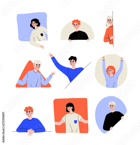 People Looking Out of Different Shaped Windows Set, Young Men and Women Peeping Vector Illustration