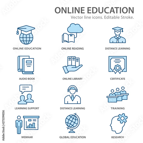 Online distance education flat line icons. Editable Strokes.