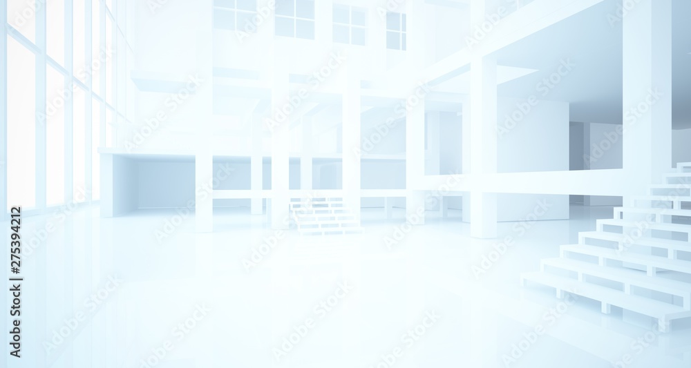 Abstract architectural white interior of a minimalist house with large windows. 3D illustration and rendering. Abstract architectural white interior of a minimalist house with large windows. 3D illustration and rendering.