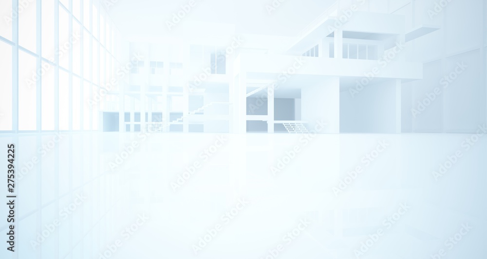 Abstract architectural white interior of a minimalist house with large windows. 3D illustration and rendering. Abstract architectural white interior of a minimalist house with large windows. 3D illustration and rendering.