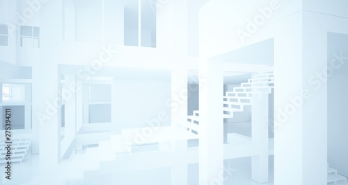 Abstract architectural white interior of a minimalist house with large windows. 3D illustration and rendering.