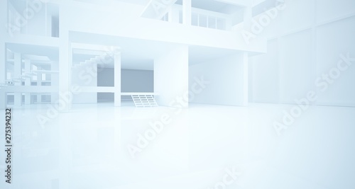 Abstract architectural white interior of a minimalist house with large windows. 3D illustration and rendering.