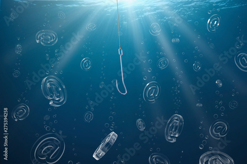 Blue underwater scene of a phishing hook trying to catch “@” signs, symbolizing email phishing.