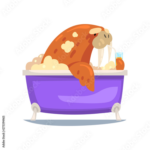 Walrus Taking Bath, Funny Animal Cartoon Character Relaxing in Bathtub Full of Foam Vector Illustration
