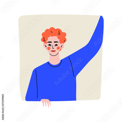 Young Man Looking Out of Square Window Vector Illustration