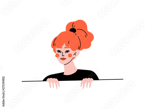 Young Woman Looking Out From Behind Wall Vector Illustration