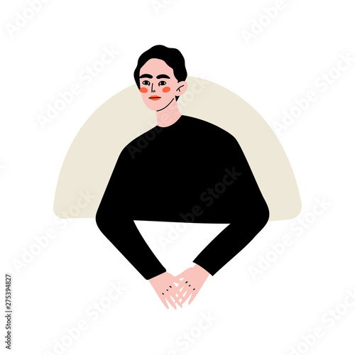Attractive Young Man Looking Out of Semicircular Window Vector Illustration