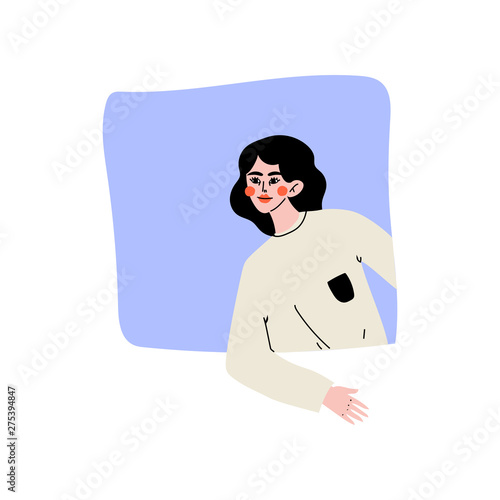 Brunette Girl Looking Out of Square Window Vector Illustration