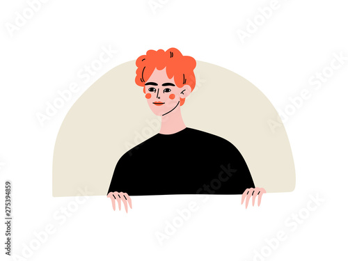 Young Man Looking Out of Semicircular Window Vector Illustration