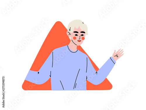 Young Man Looking Out of Red Triangular Window Vector Illustration