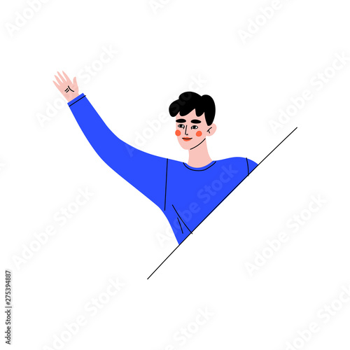 Young Brunette Woman Looking Out From Behind Barrier and Waving His Hand Vector Illustration