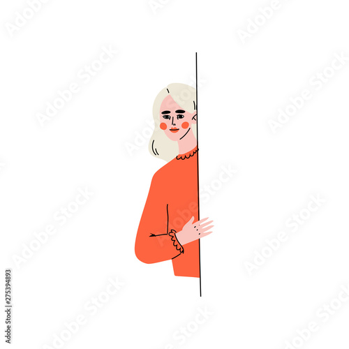 Young Blonde Woman Peeping from Behind the Wall Vector Illustration