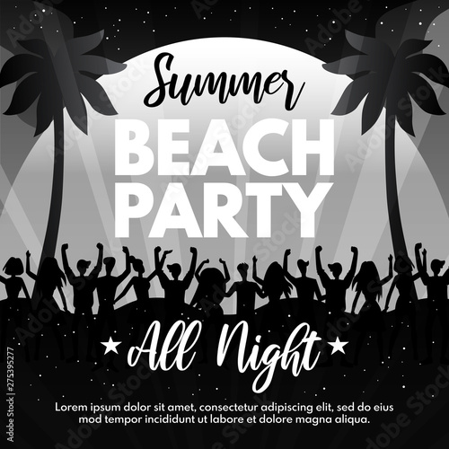 Black and white Summer Beach Party flyer with young people and palm trees. Abstract dance party vector design template  for banners, flyer, placard, invitation