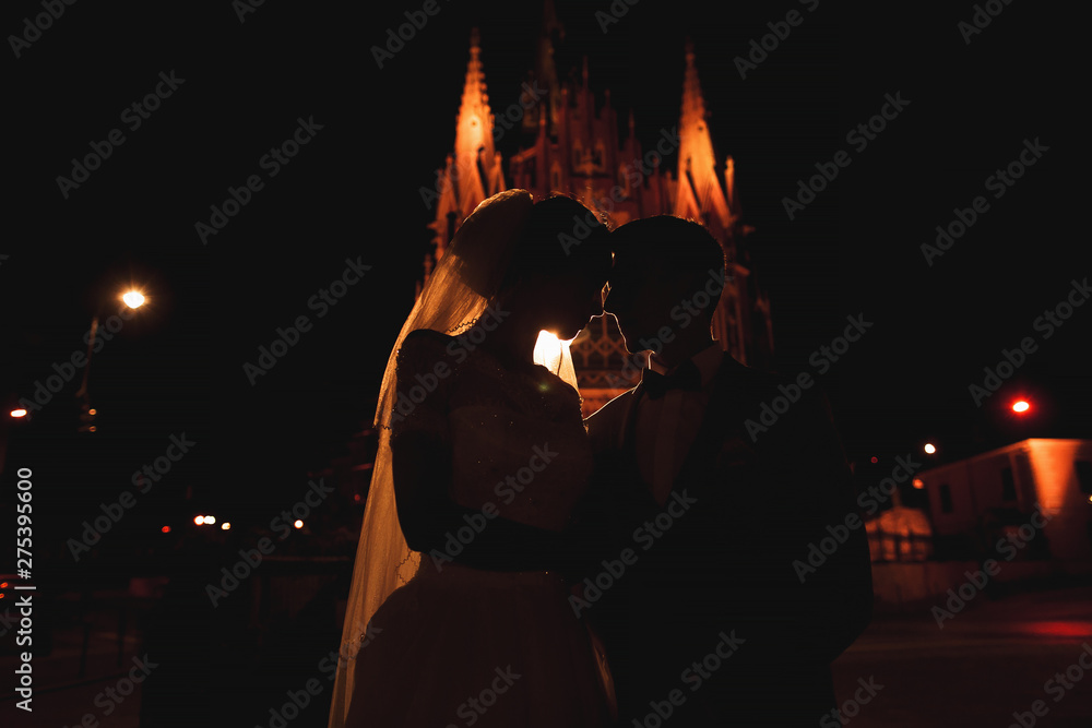 A clear line of light describes the silhouette of the young couple. Behind them is the architecture of Krakow