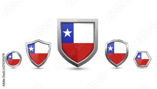 Set of Chile country flag with metal shape shield badge