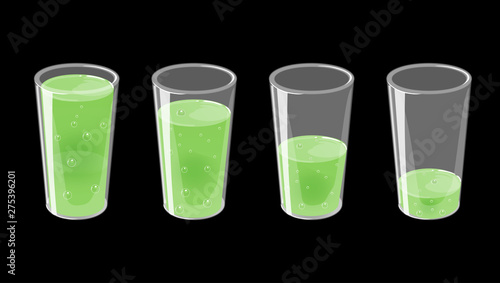 Set of glasses with fresh sparkling juice. Full and empty. Vector illustration isolated on black background.