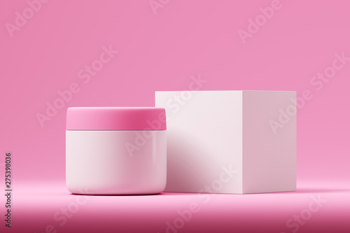 Realistic white empty plastic cosmetic jar with a paper box: cream, lotion, gel. Mock up. 3d rendering