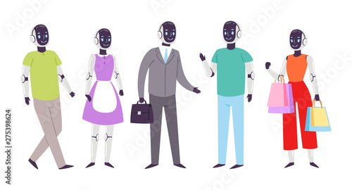 Robot humanoid people vector futuristic robotic cartoon characters cybernetic cyber life technology illustration set of robotically person isolated on white background