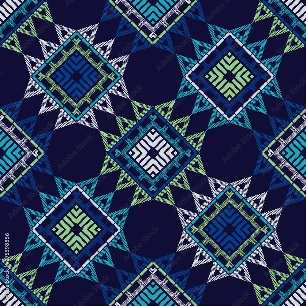 Obraz premium Ethnic boho seamless pattern. Lace. Embroidery on fabric. Patchwork texture. Weaving. Traditional ornament. Tribal pattern. Folk motif. Can be used for wallpaper, textile, wrapping, web.