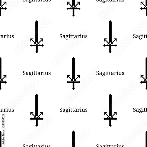 Seamless pattern with sagittarius zodiac sword sign. Black silhouette of zodiacal weapon. Astrological, horoscope sign. Vector illustration for design, web, wrapping paper, fabric, wallpaper.