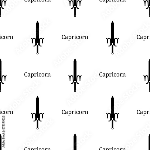 Seamless pattern with capricorn zodiac sword sign. Black silhouette of zodiacal weapon. Astrological, horoscope sign. Vector illustration for design, web, wrapping paper, fabric, wallpaper.