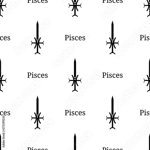 Seamless pattern with pisces zodiac sword sign. Black silhouette of zodiacal weapon. Astrological, horoscope sign. Vector illustration for design, web, wrapping paper, fabric, wallpaper.
