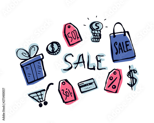 Shopping set manually drawn color doodle icons. Vector illustration on a white background.