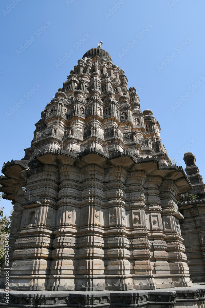 Shikhara details, sangameshwar temple from the period of Peshwas in basalt stone masonry at Saswad, Pune
