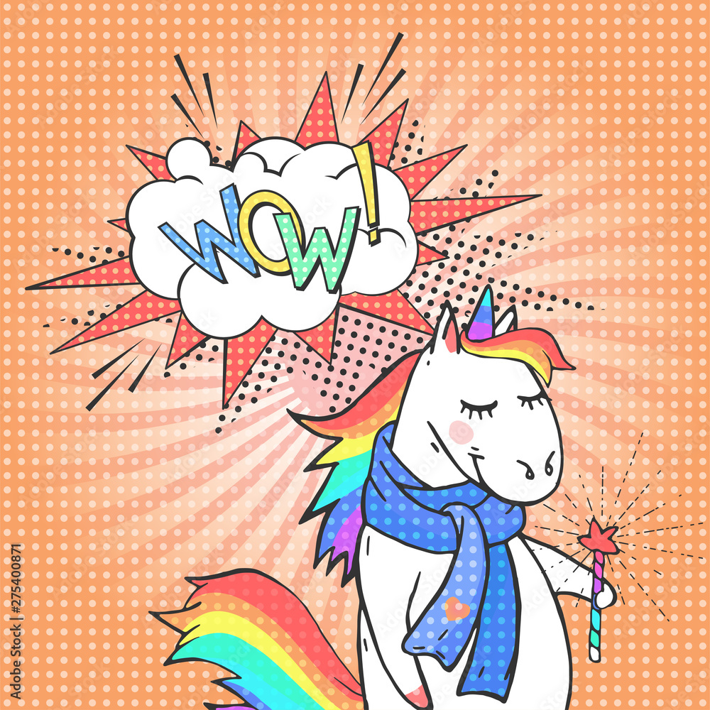 Fototapeta Cartoon unicorn and speech bubble with text WOW! Poster, greeting card or invitation in comic style.