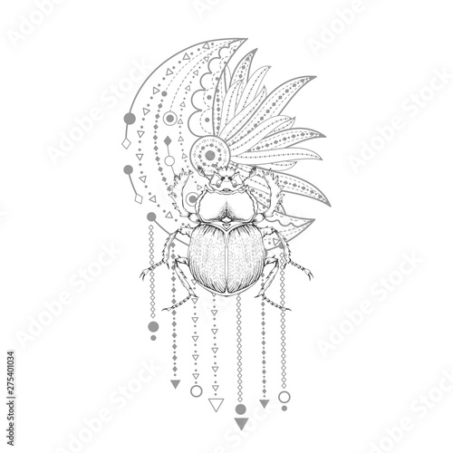 Vector illustration with hand drawn scarab and Sacred symbol on white background. Abstract mystic sign. Black linear shape. 