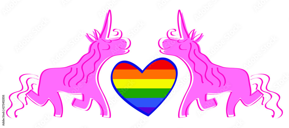 two pink unicorns with a heart-pride flag LGBT in the middle two pink unicorns with a heart-pride flag LGBT in the middle