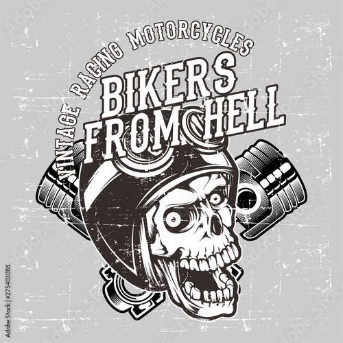 grunge style skull wearing helmet retro and piston hand drawing vector