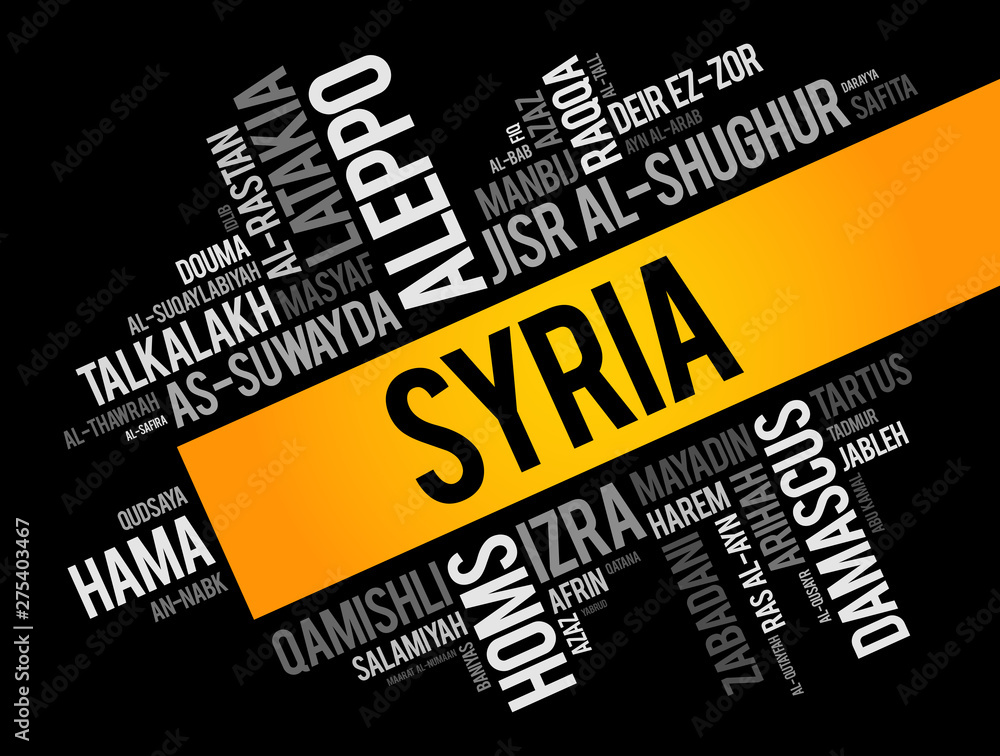 List of cities and towns in Syria, word cloud collage, business and travel concept background