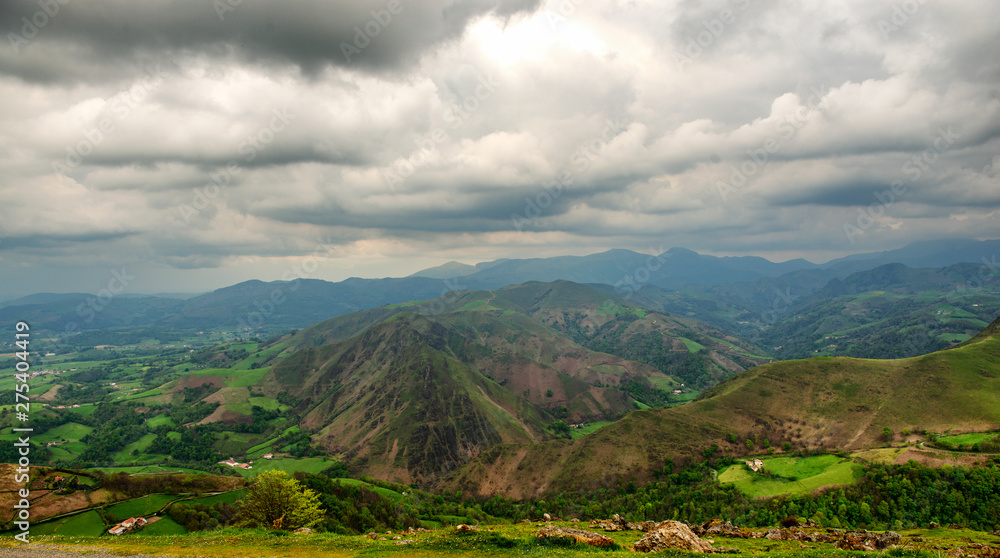 Green hills. French countryside landscape in the Pyrenees mountains in Basque Country, France