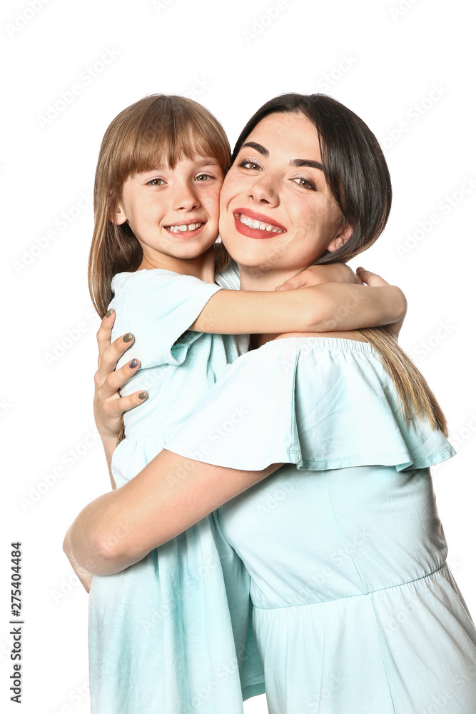 Portrait of happy mother and daughter on white background Portrait of happy mother and daughter on white background